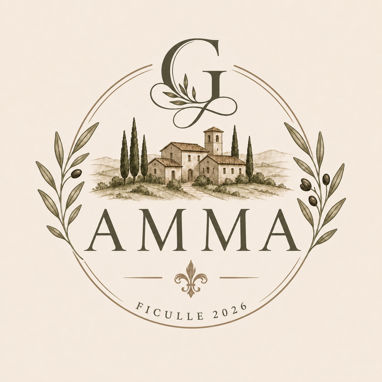 Villa AMMA crest: an ornamental G above an illustrated Italian villa, framed by olive branches, with AMMA and Ficulle 2026